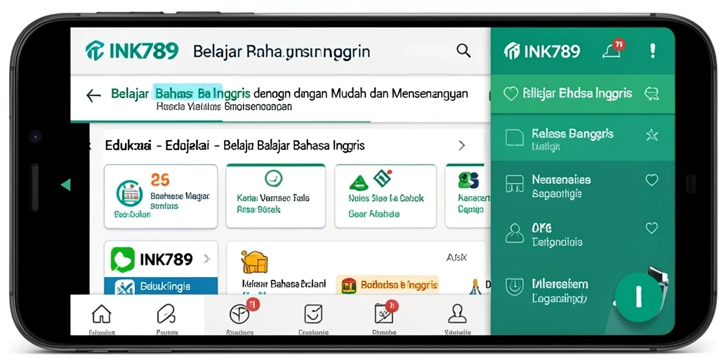 Tampilan antarmuka pengguna INK789 untuk belajar bahasa Inggris.